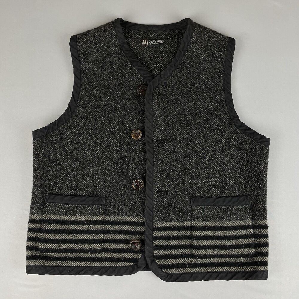 Vintage Banana Republic Cabin Wear Wool Vest Men's Large Gray Black Pockets